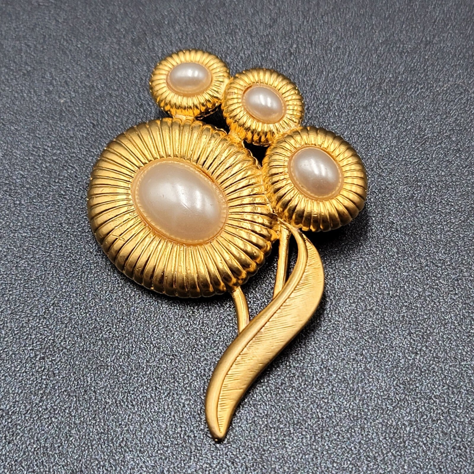 Vintage Brooch Matte Gold Plated Faux Pearl Flower 2.75"