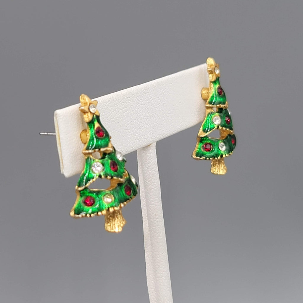 Christmas Tree Pierced Earrings Gold tone Enamel Rhinestone 1 1/8"