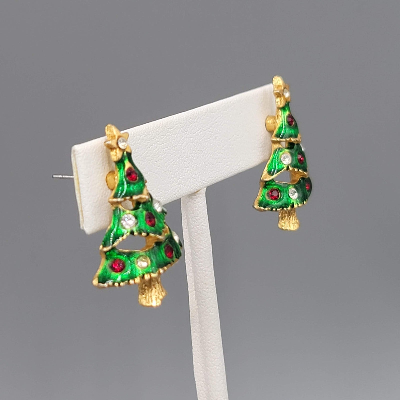 Christmas Tree Pierced Earrings Gold tone Enamel Rhinestone 1 1/8"