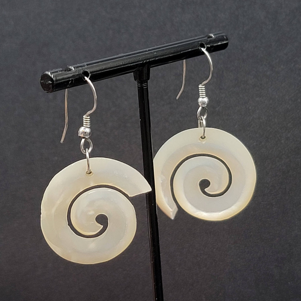 Pierced Earrings Silver tone Mother of Pearl Hand Carved Spirals  1.25"
