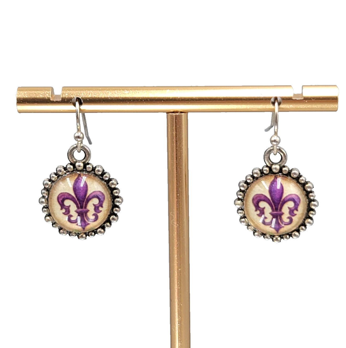 Purple Fleur di Lis Pierced Earrings Silver tone Dangle GlassDome 5/8 in