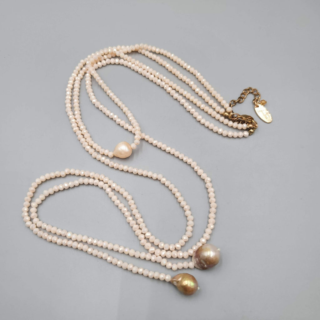 Jules Faux Pearl Champagne Faceted Crystal Beaded Necklace