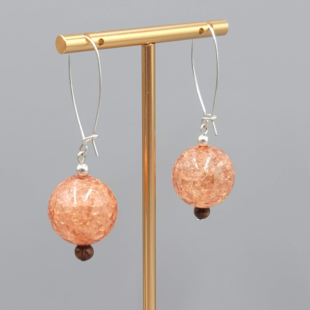 Peach Crackle Bead Ball Dangle Pierced Earrings Silver tone Hook Lightweight 2"
