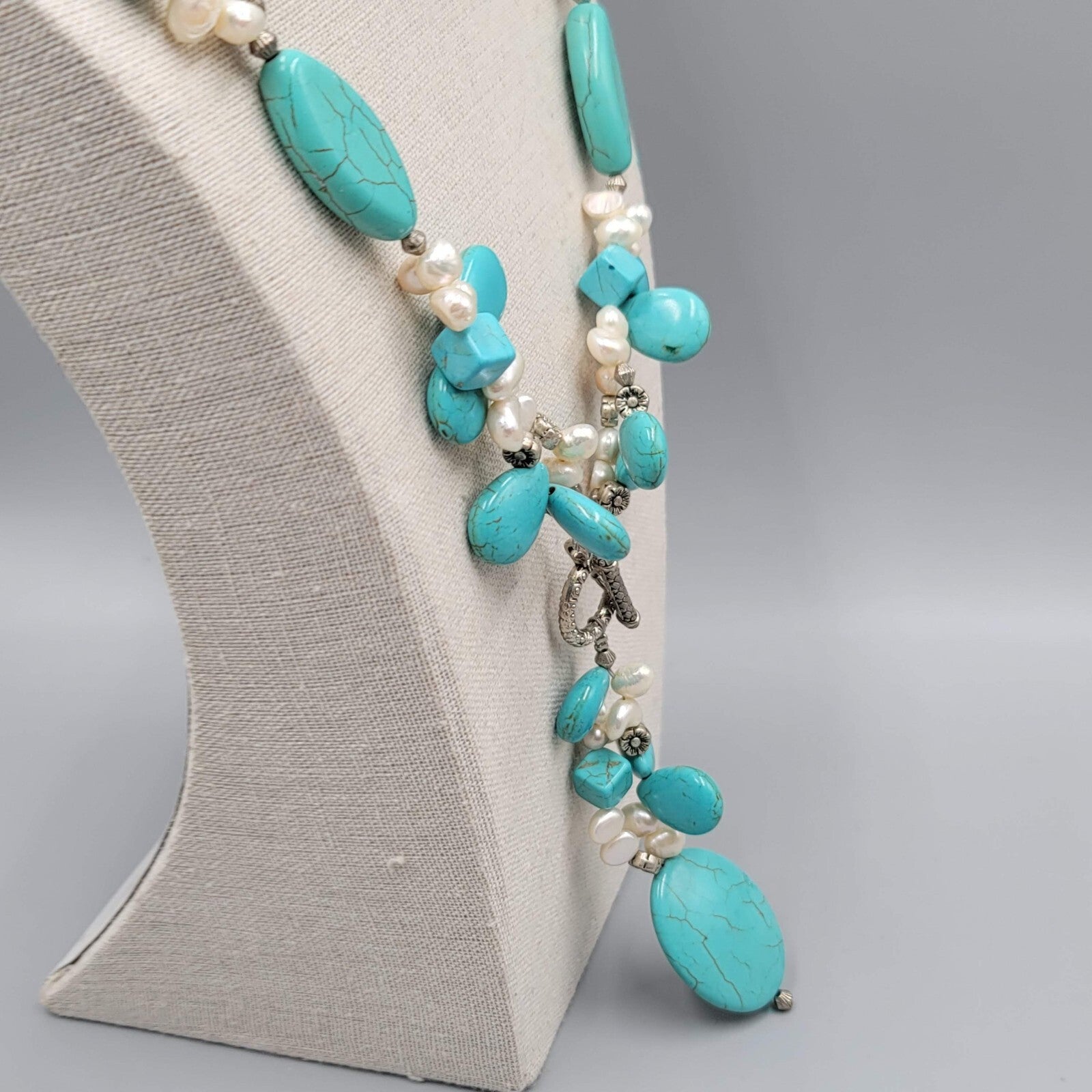 Large Statement Stone Bead Necklace Blue Dyed Howlite Pearl Silver tone Toggle