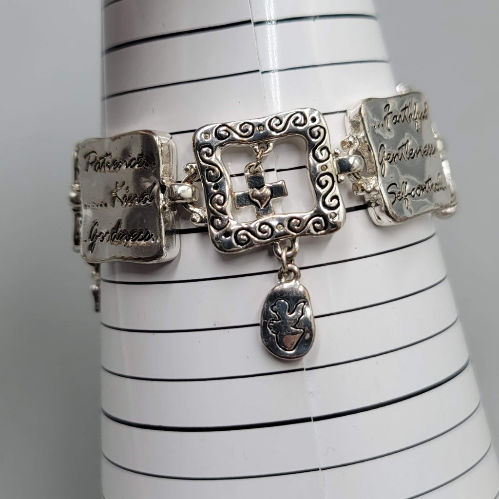 Love Joy Peace Panel Bracelet Silver tone Patience Kind Goodness 7 in
