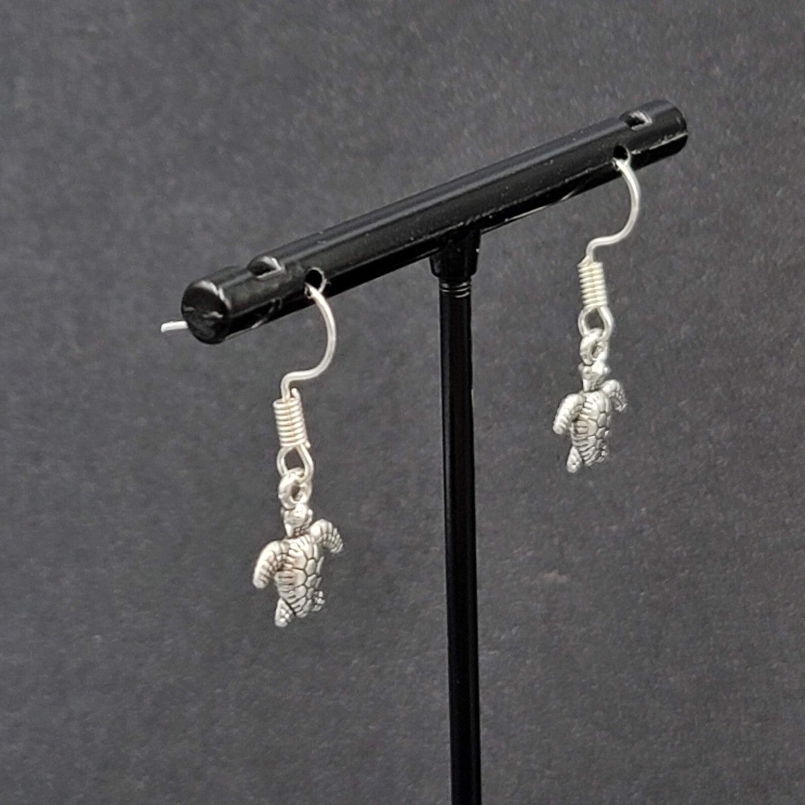 Pierced Earrings Miniature Baby Sea Turtle Dainty Dangle Silver tone  1/2"