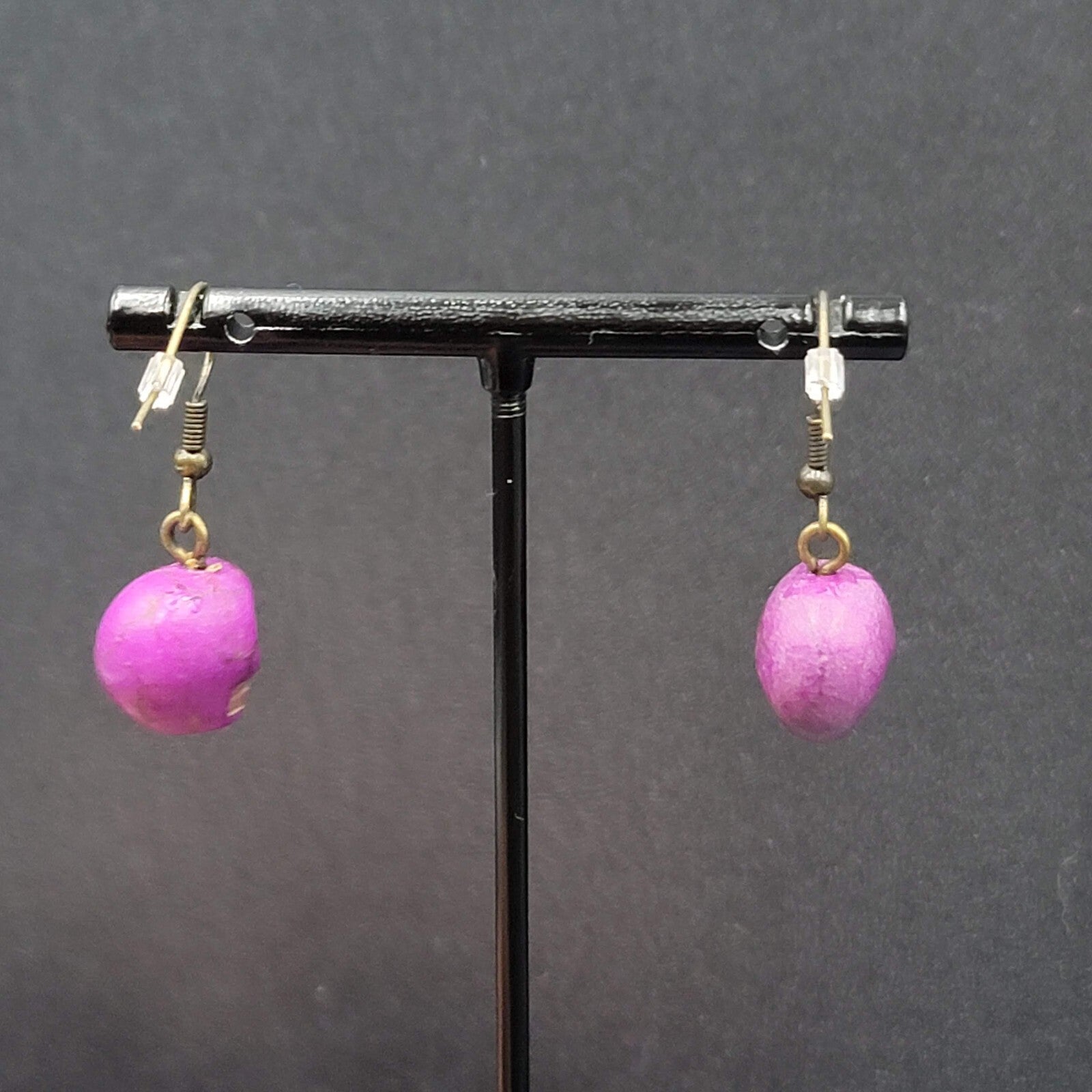 Skull Pierced Earrings Purple Howlite Stone Bead Dangle 3/4"