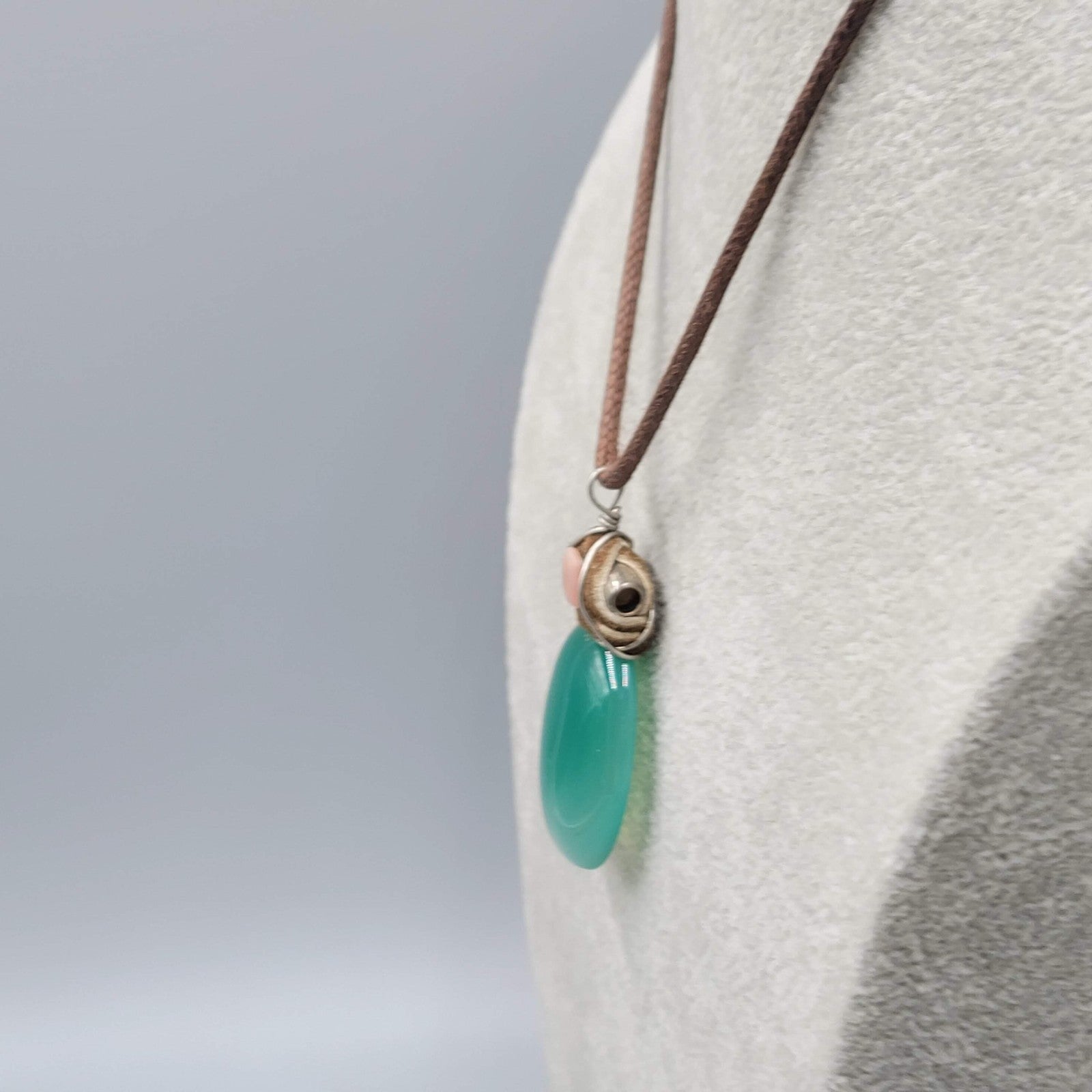 Artisan Boho Hippie Necklace Green Glass Pendant Leather and Brown Cord 16"-18"