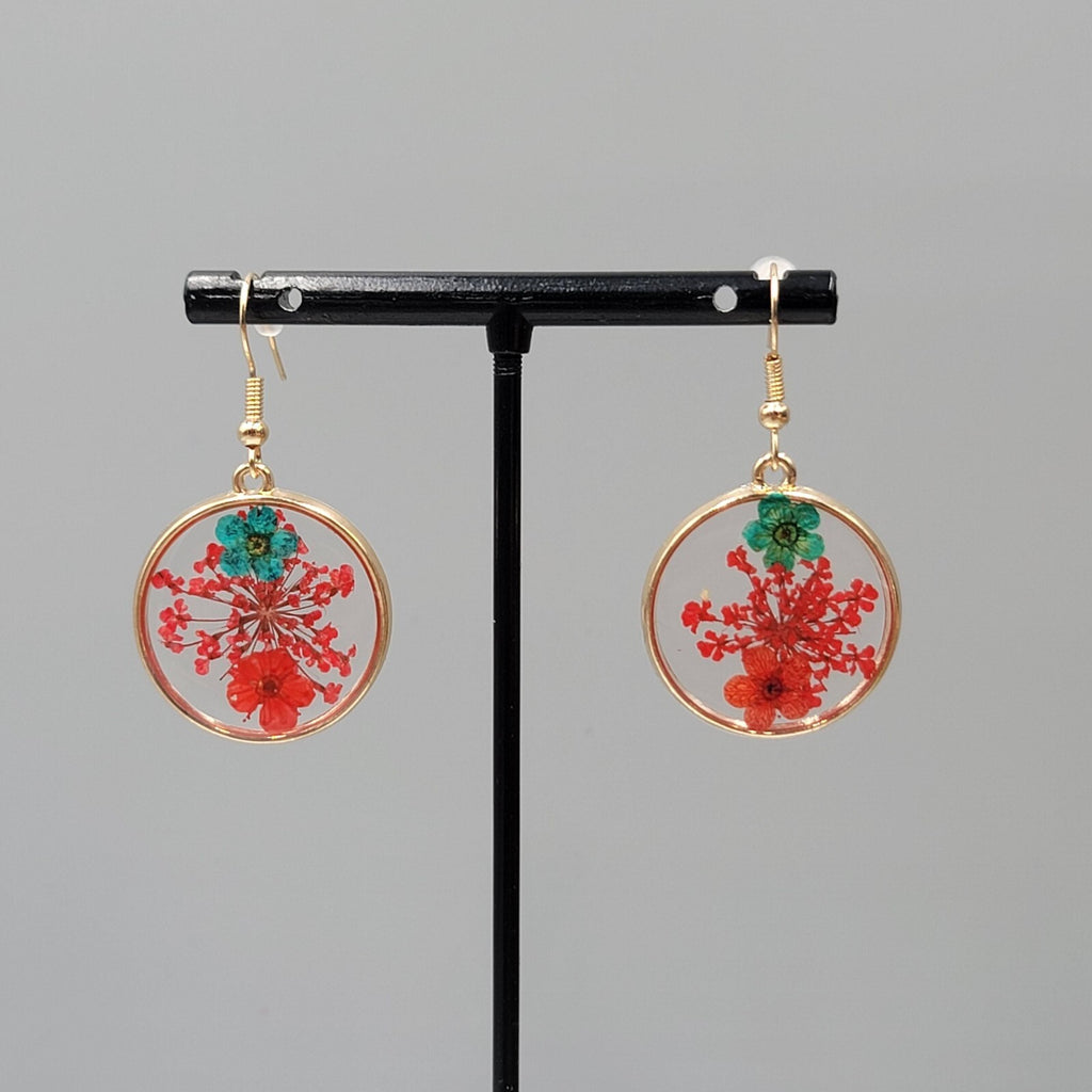 Real Flower Pierced Earrings Gold tone Pressed Resin Round Dangle New 1"