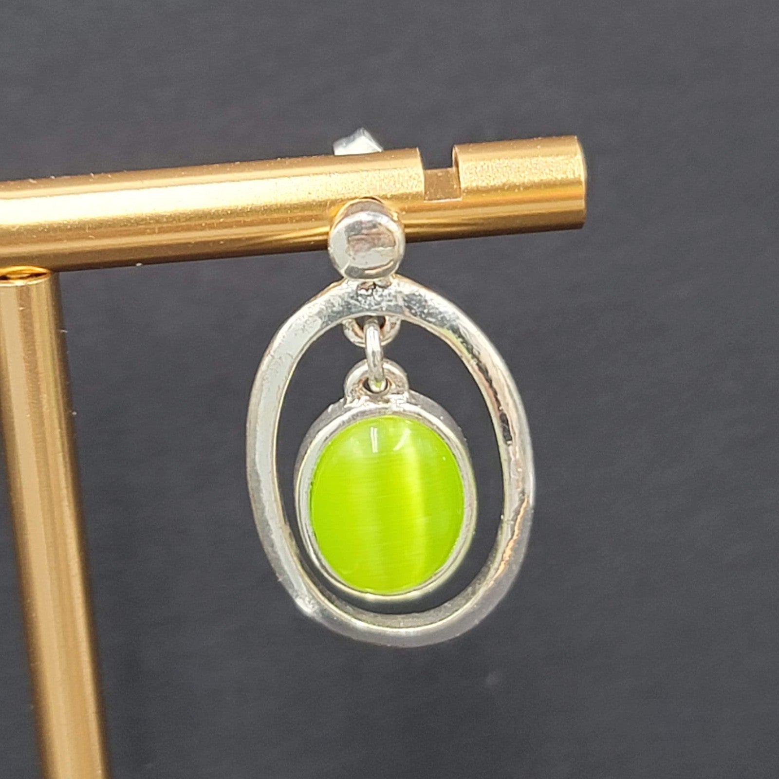 Lime Green Cats Eye Pierced Earrings Silver tone Dangle 1"