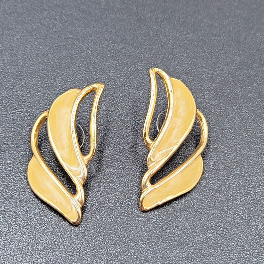 Vintage Pierced Earrings Gold tone Swirl Yellow Enamel Drop Statement 1.75"