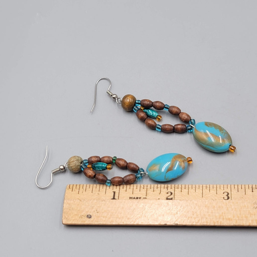Blue Stone Wood Bead Pierced Earrings Artisan Dangle 2.5"