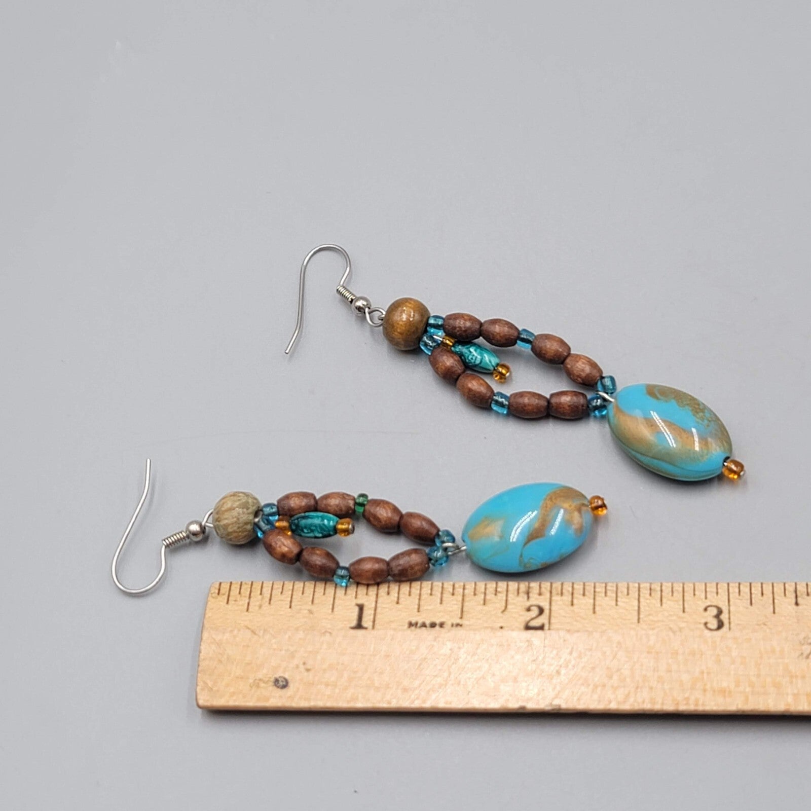 Blue Stone Wood Bead Pierced Earrings Artisan Dangle 2.5"