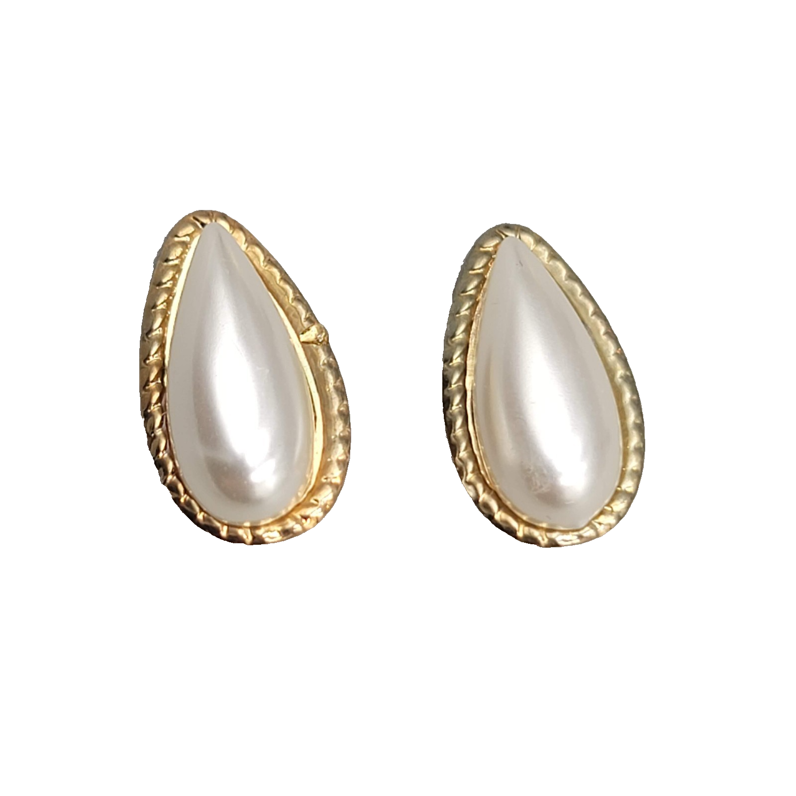 Vintage Teardrop Clip on Earrings White and Gold tone 7/8 in