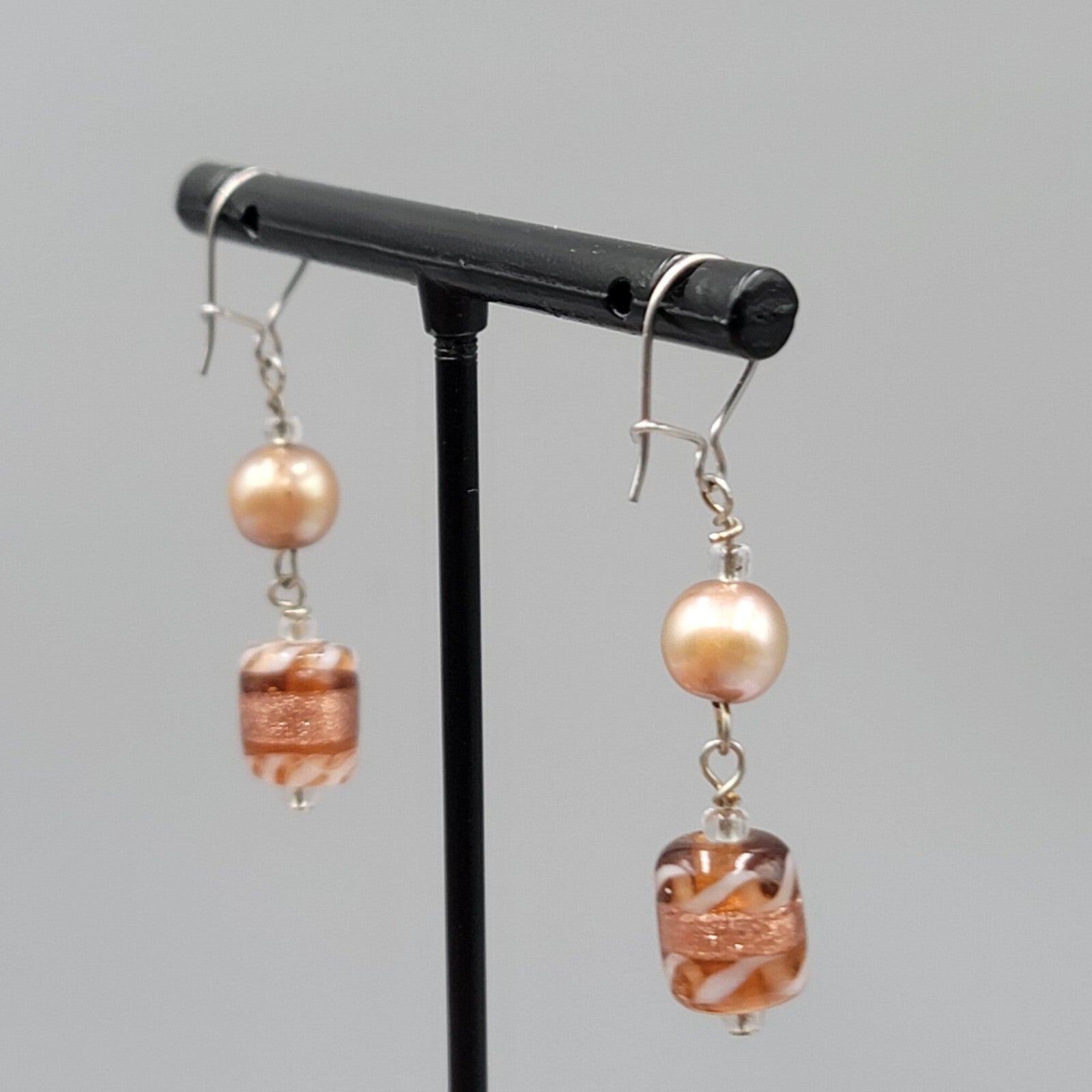 Art Glass Bead Pierced Earrings Silver tone Dangle 1.25"