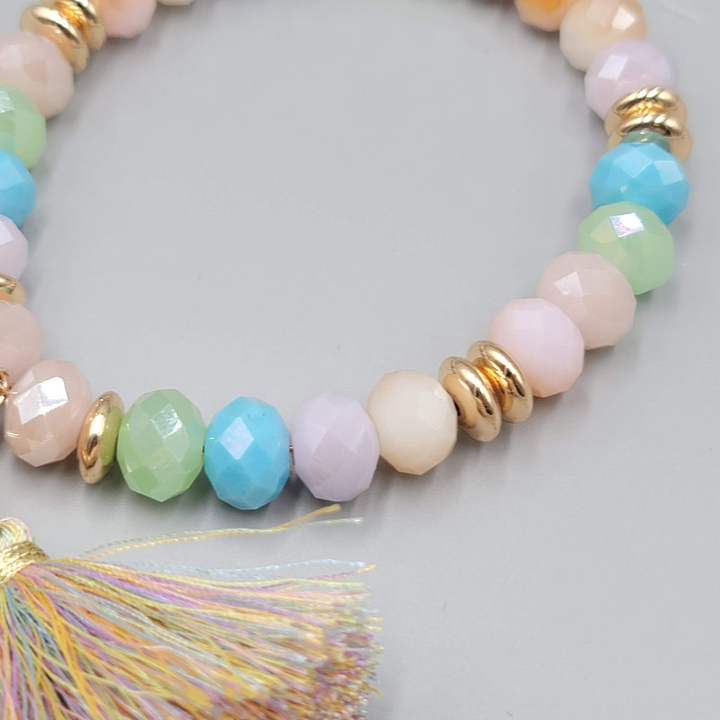 Pastel Color Faceted Glass Bead Bangle Bracelet Wristlet Key Rings Keychain