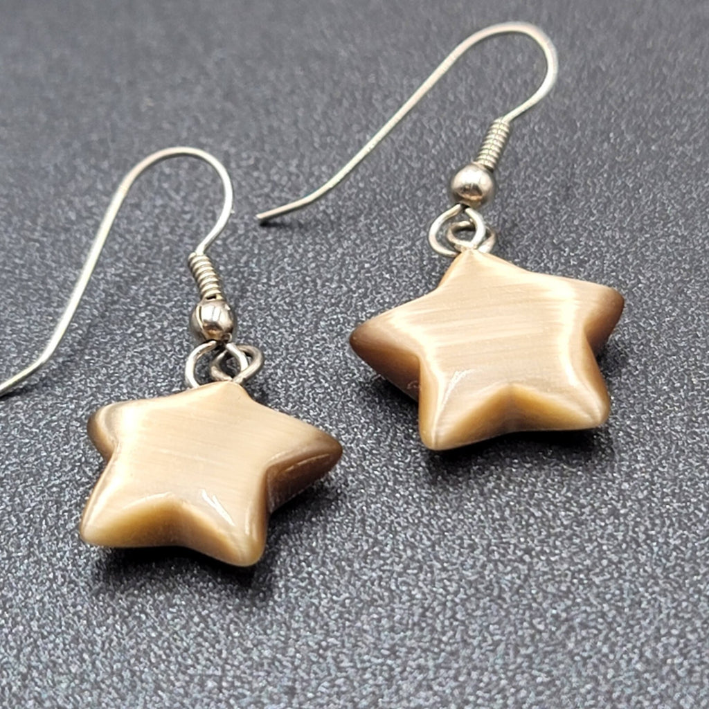Pierced Earrings Silver tone Tan Brown Satin Cats Eye Glass Star Bead Dangle 3/4
