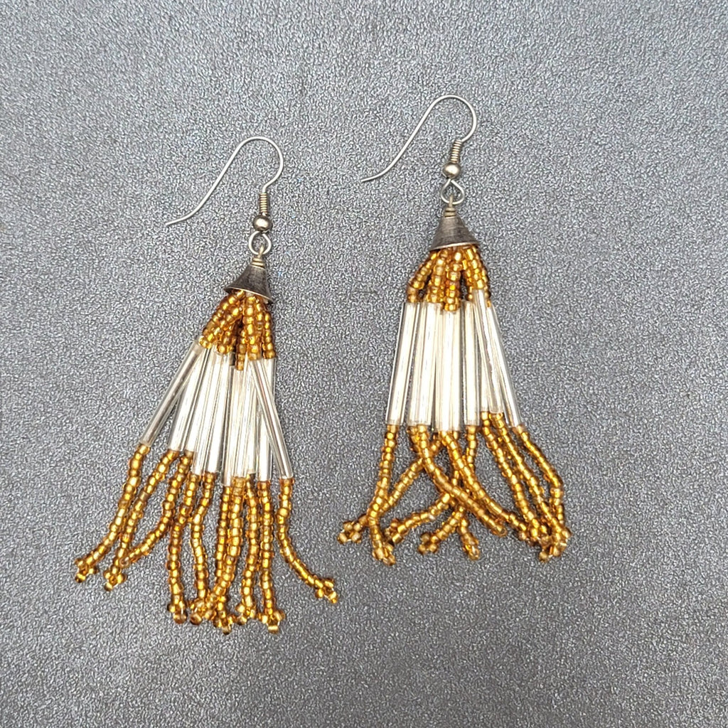 Pierced Earrings Silver tone Orange Seed Bead Multi Strand Dangle 2.5"