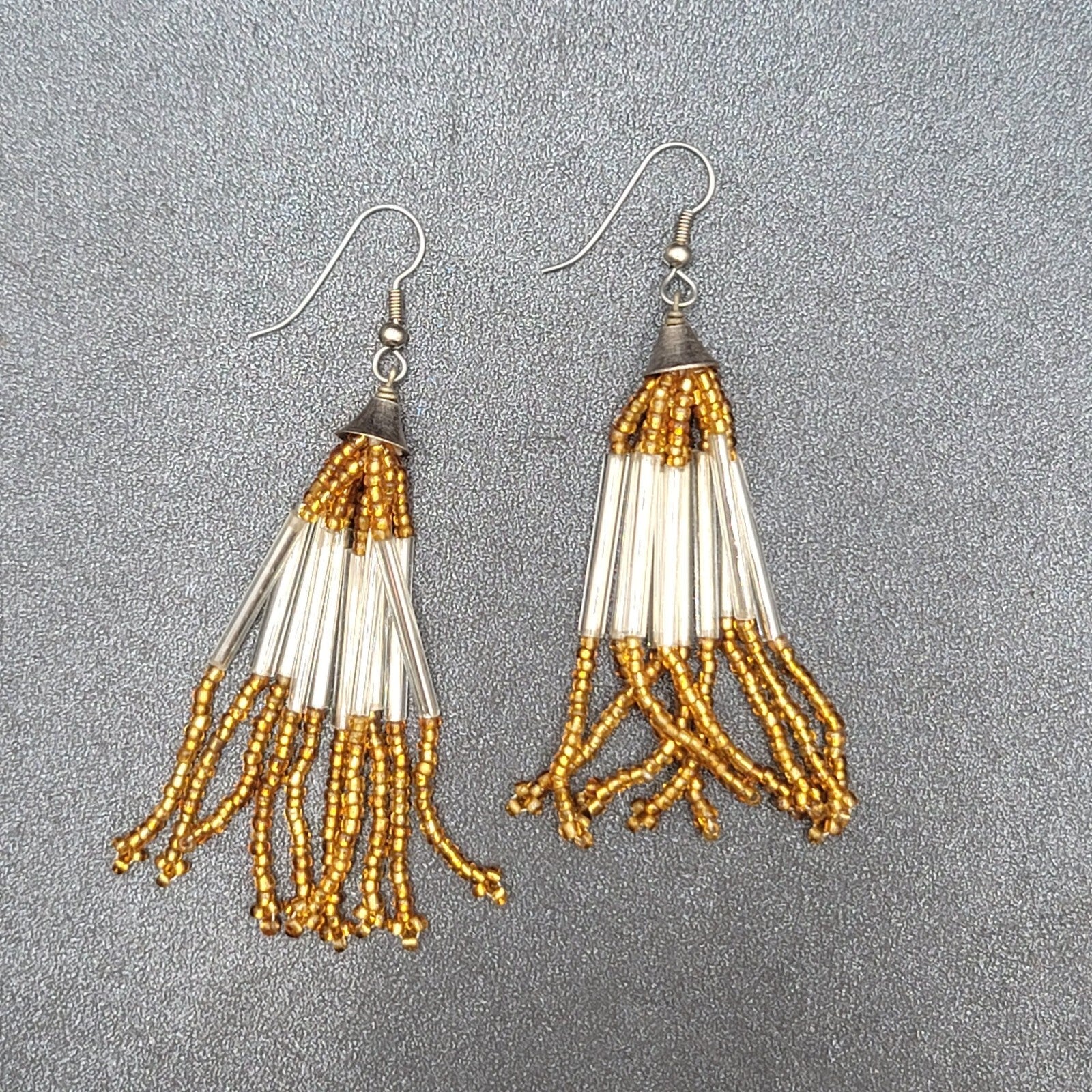 Pierced Earrings Silver tone Orange Seed Bead Multi Strand Dangle 2.5"