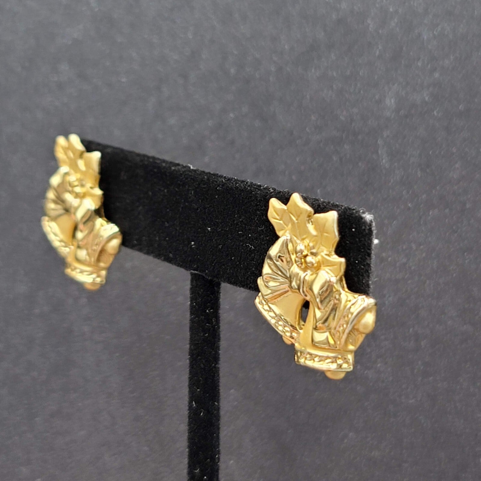 Christmas Bells Pierced Earrings Gold tone Holly Drop 7/8"