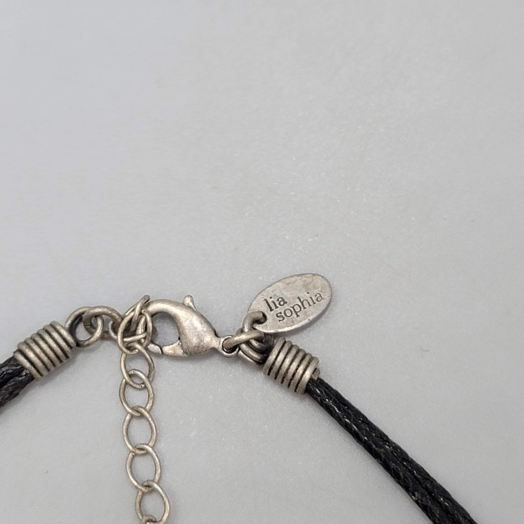 lia sophia Necklace Black Leather Part Pendant Crystal Flowers Pewter 18 in