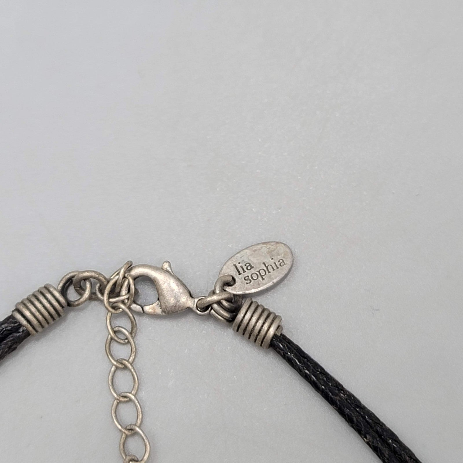 lia sophia Necklace Black Leather Part Pendant Crystal Flowers Pewter 18 in