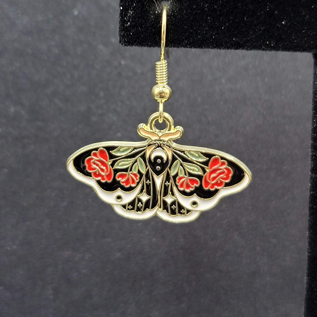 Pierced Earrings Gold tone Enamel Red Rose Moth Dangle 3/4"