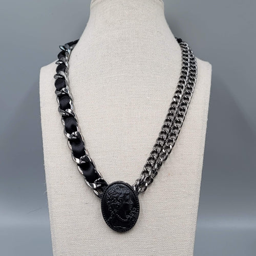 Black Cameo Necklace Chain Satin Ribbon Large Statement Goth 20+"