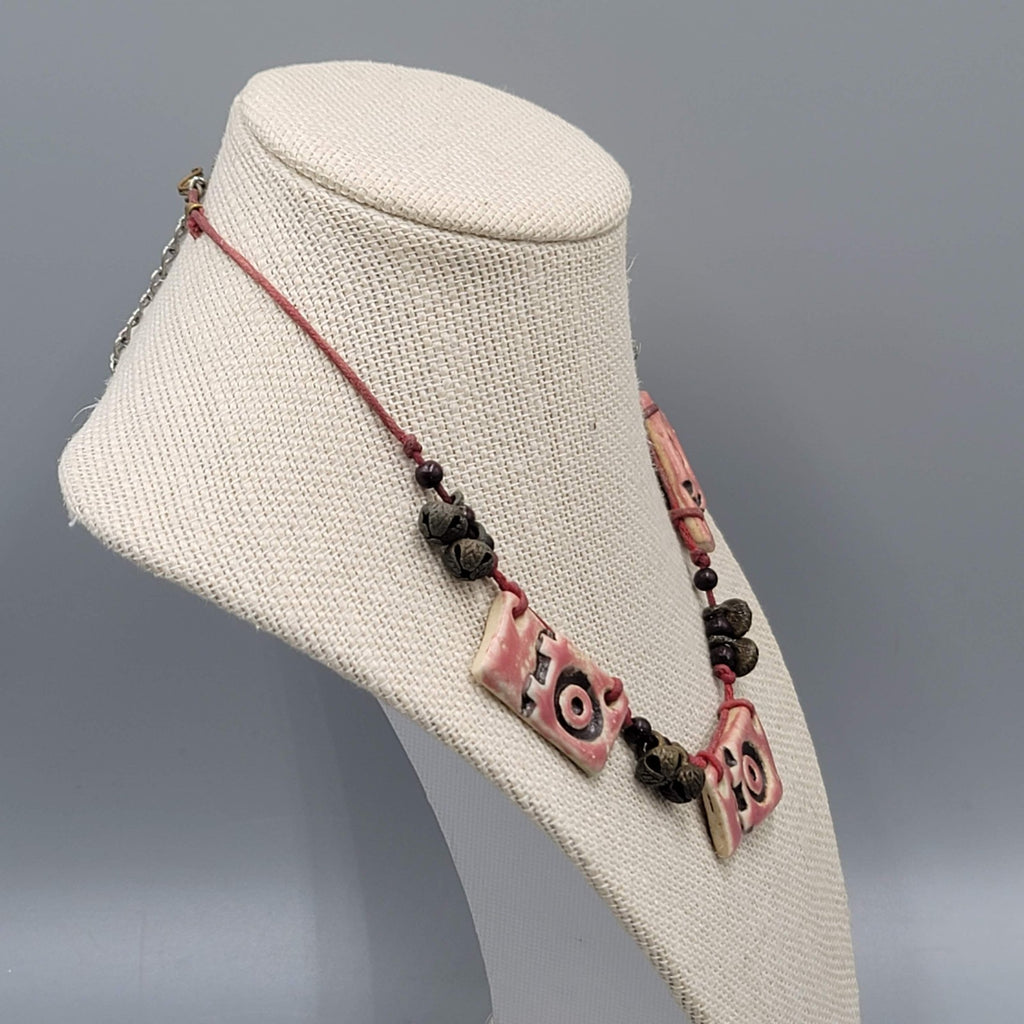 Artisan Necklace Handmade Art Pottery Bells Hand Knotted Cord 16"-18"