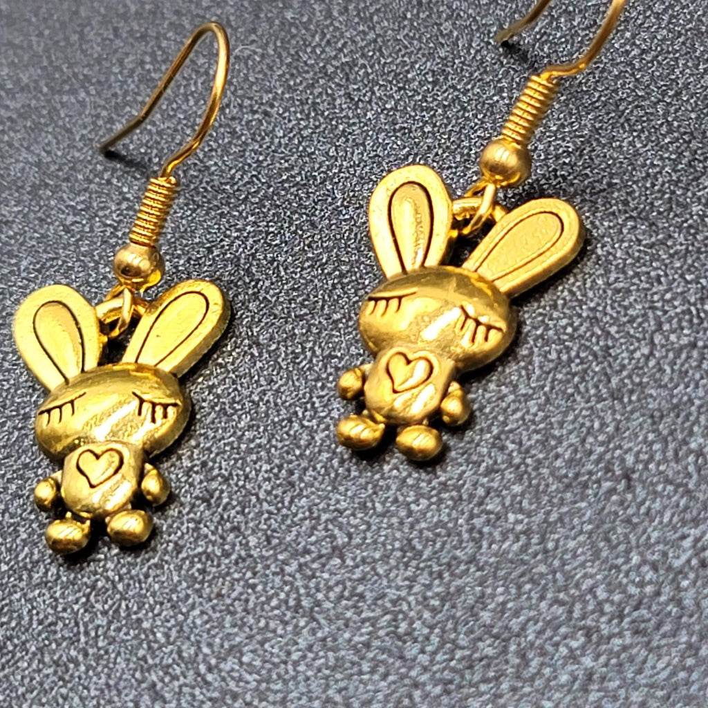 Bunny Pierced Earrings Heart Shirt Dangle Gold tone 3/4"