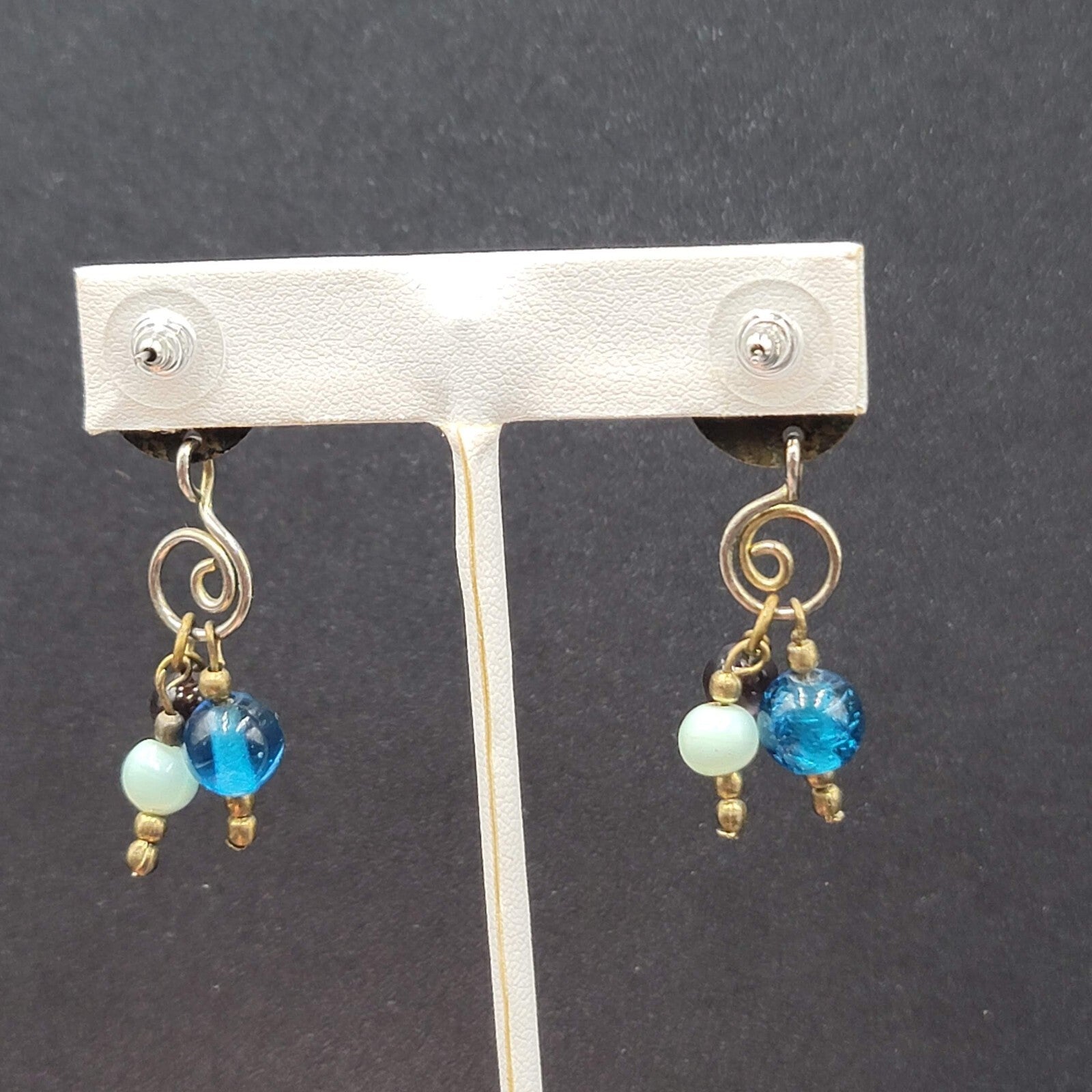 Pierced Earrings Tri tone Metals Glass Bead Modernist Dangle 1.75"