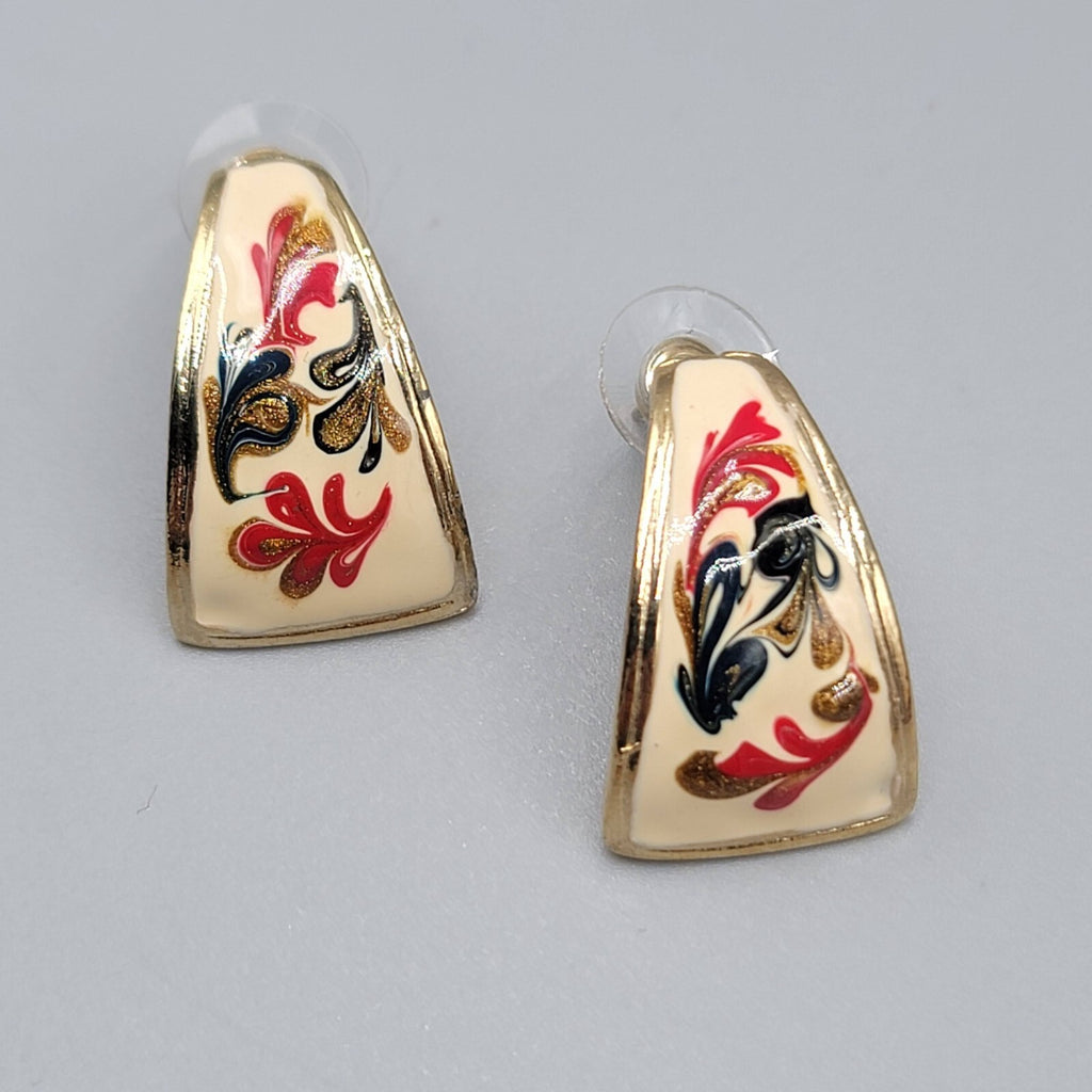 Vintage Pierced Earrings White Red Green Enamel Gold tone Drop 1"