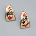 Vintage Pierced Earrings White Red Green Enamel Gold tone Drop 1"