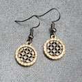 Pierced Earrings Black Metal Gold tone Crystal Round Open Work Dangle 5/8"