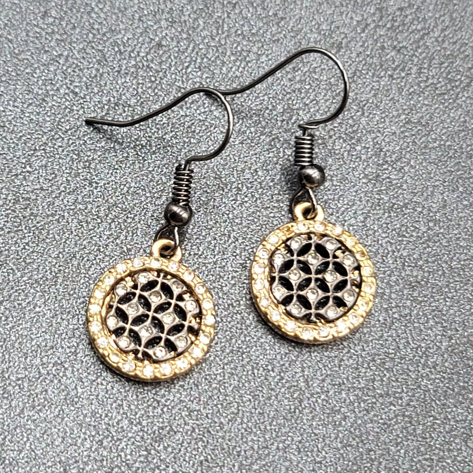 Pierced Earrings Black Metal Gold tone Crystal Round Open Work Dangle 5/8"