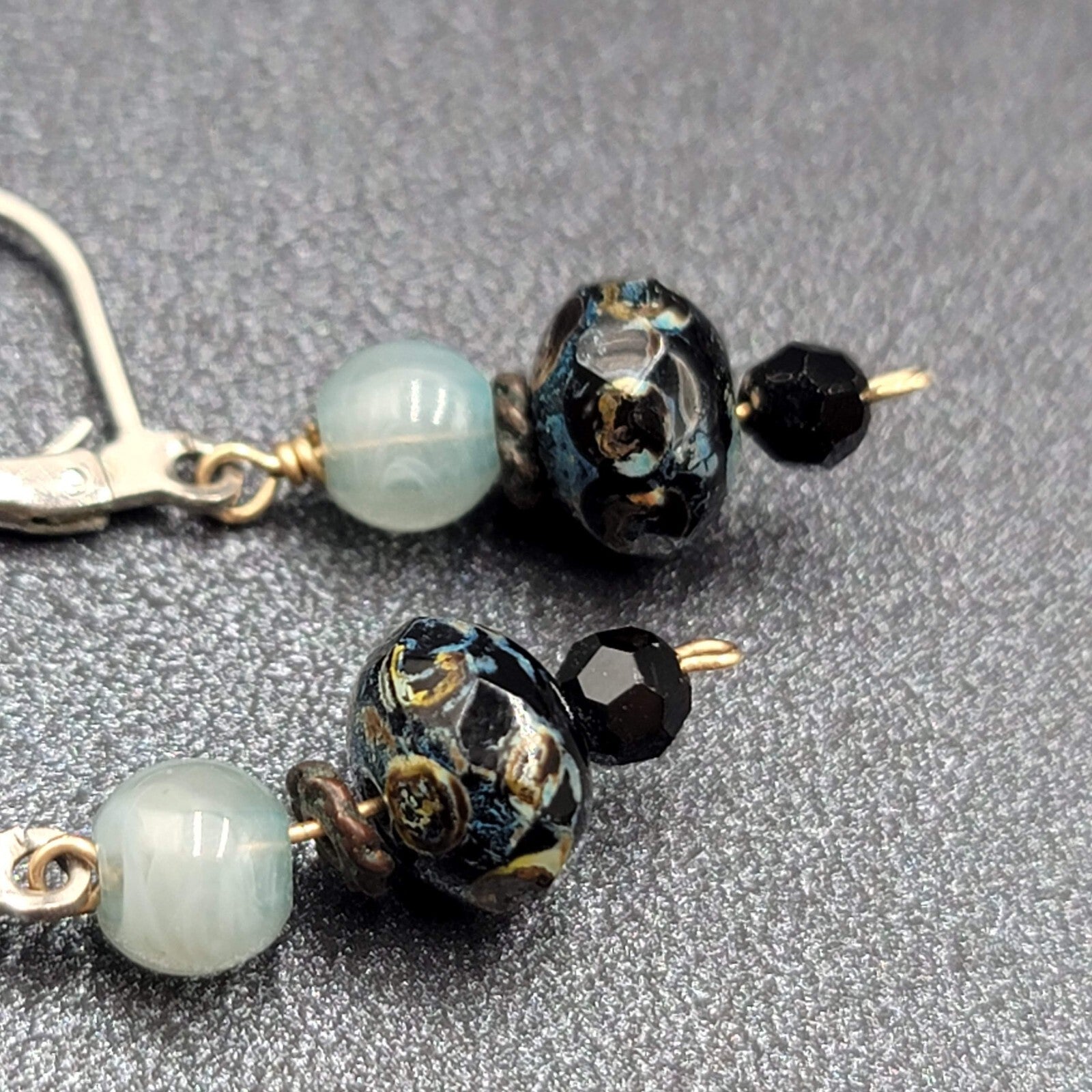 Pierced Earrings Silver tone Blue Stone Bead Dangle 3/4"