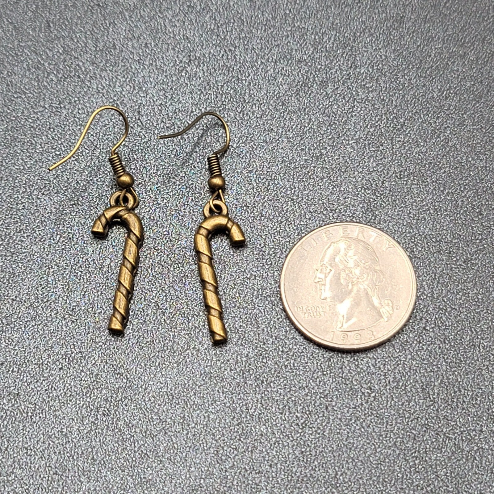 Candy Cane Pierced Earrings Embossed Bronze tone Dangle 1"