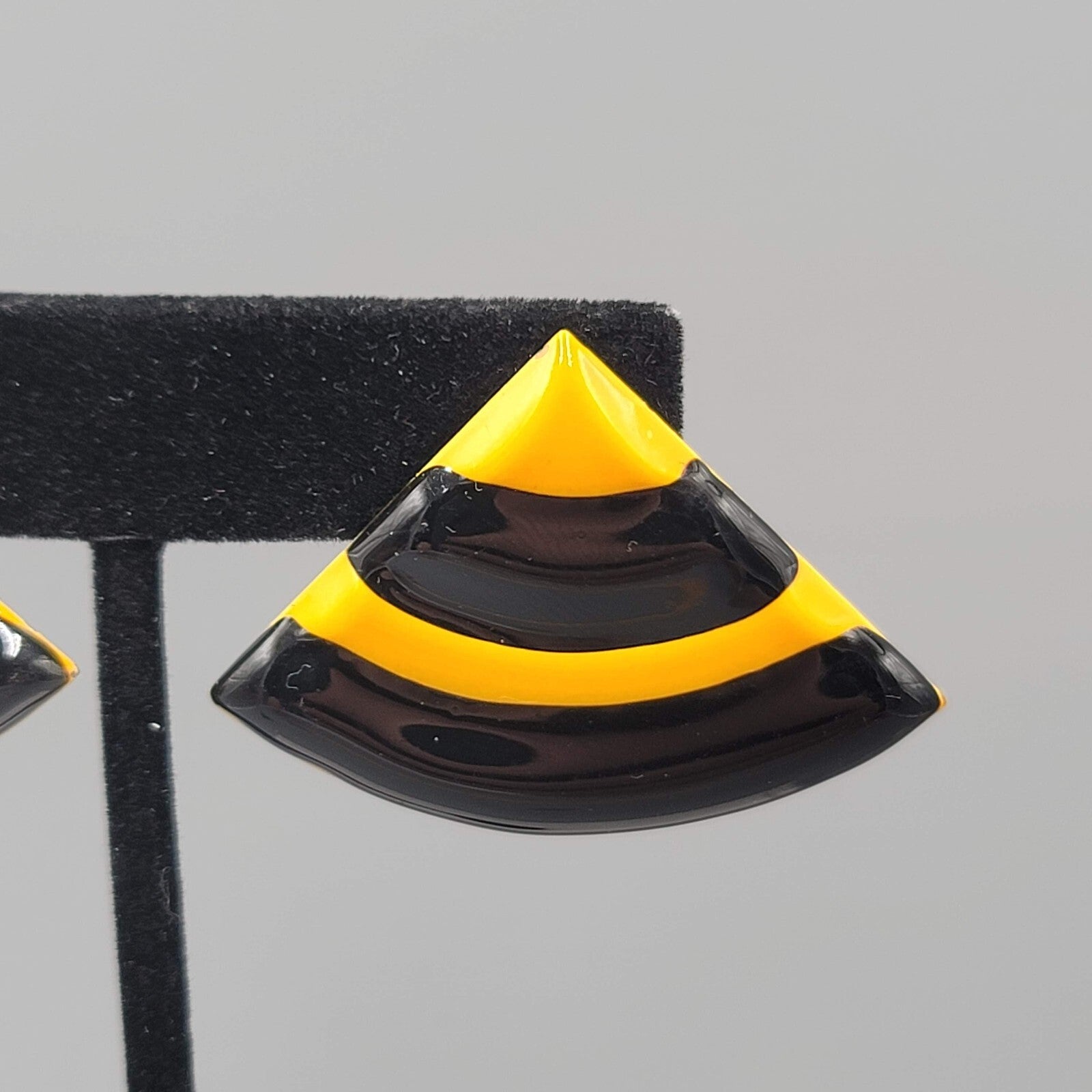Vintage Pierced Earrings Yellow Black Enamel Triangle Drop Statement 80s 1 1/8"