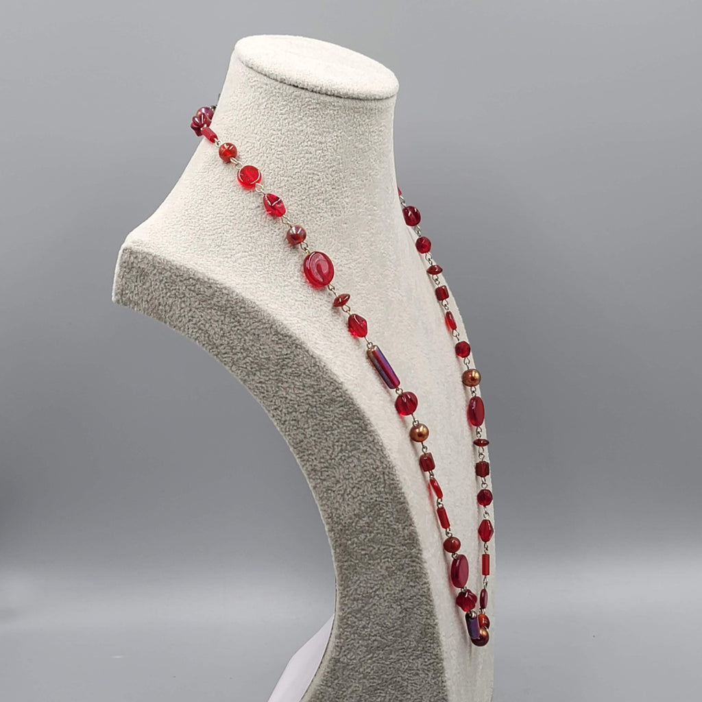 Ann Pedan Red Art Glass Bead Necklace Silver tone Long 26 in