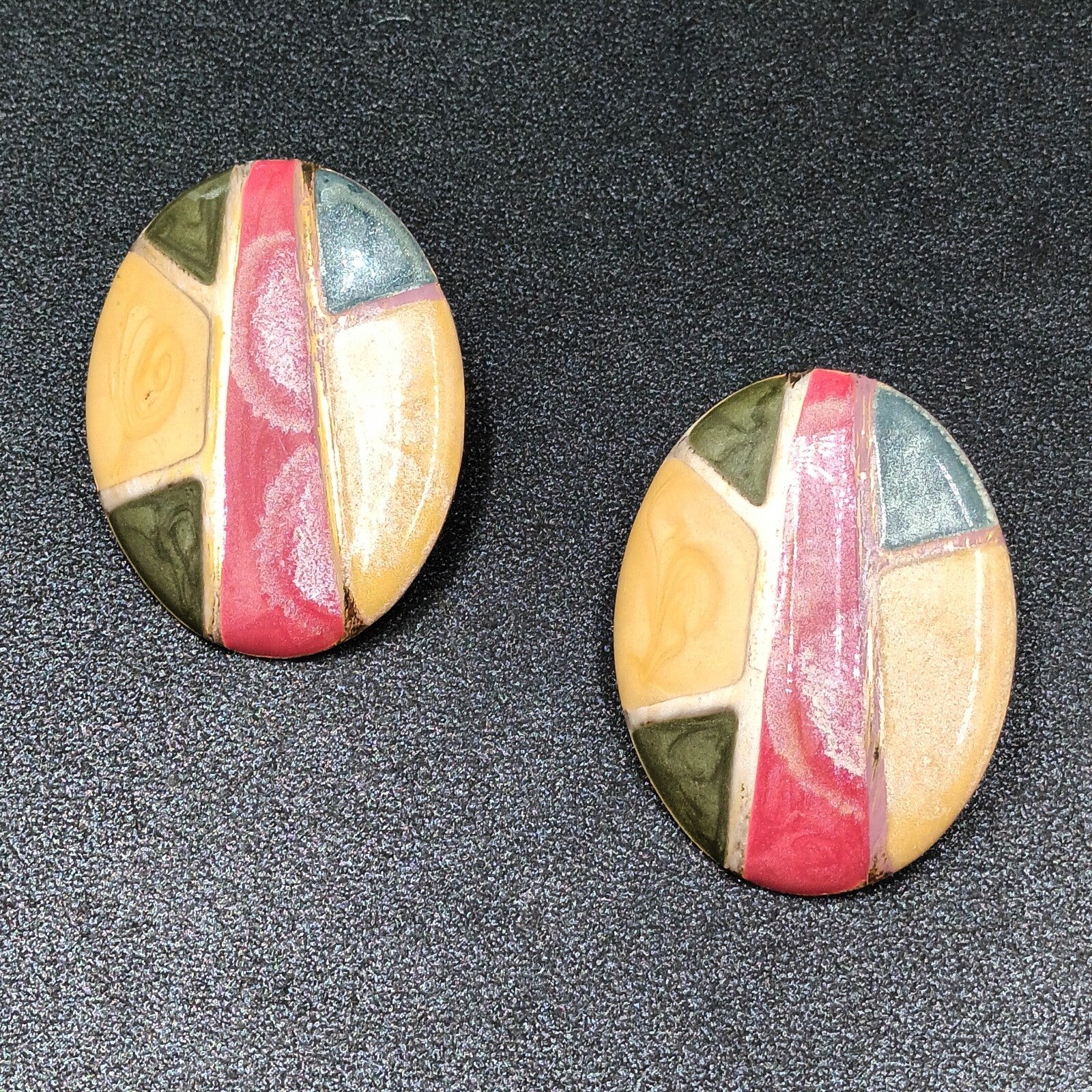 Vintage Pierced Earrings Multicolor Enamel Gold tone Oval Statement Drop 1.5"