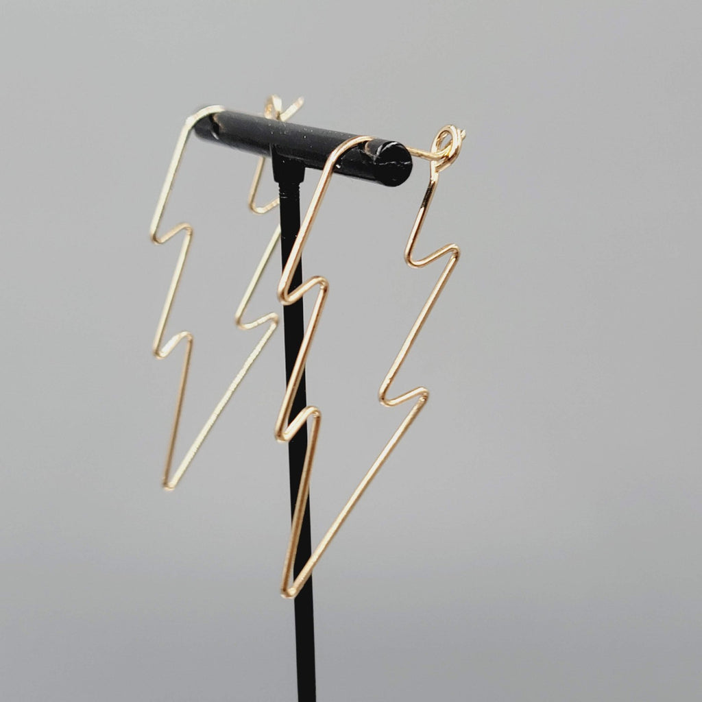 Lightning Bolt Pierced Earrings Wire Gold tone Drop Statement 2"