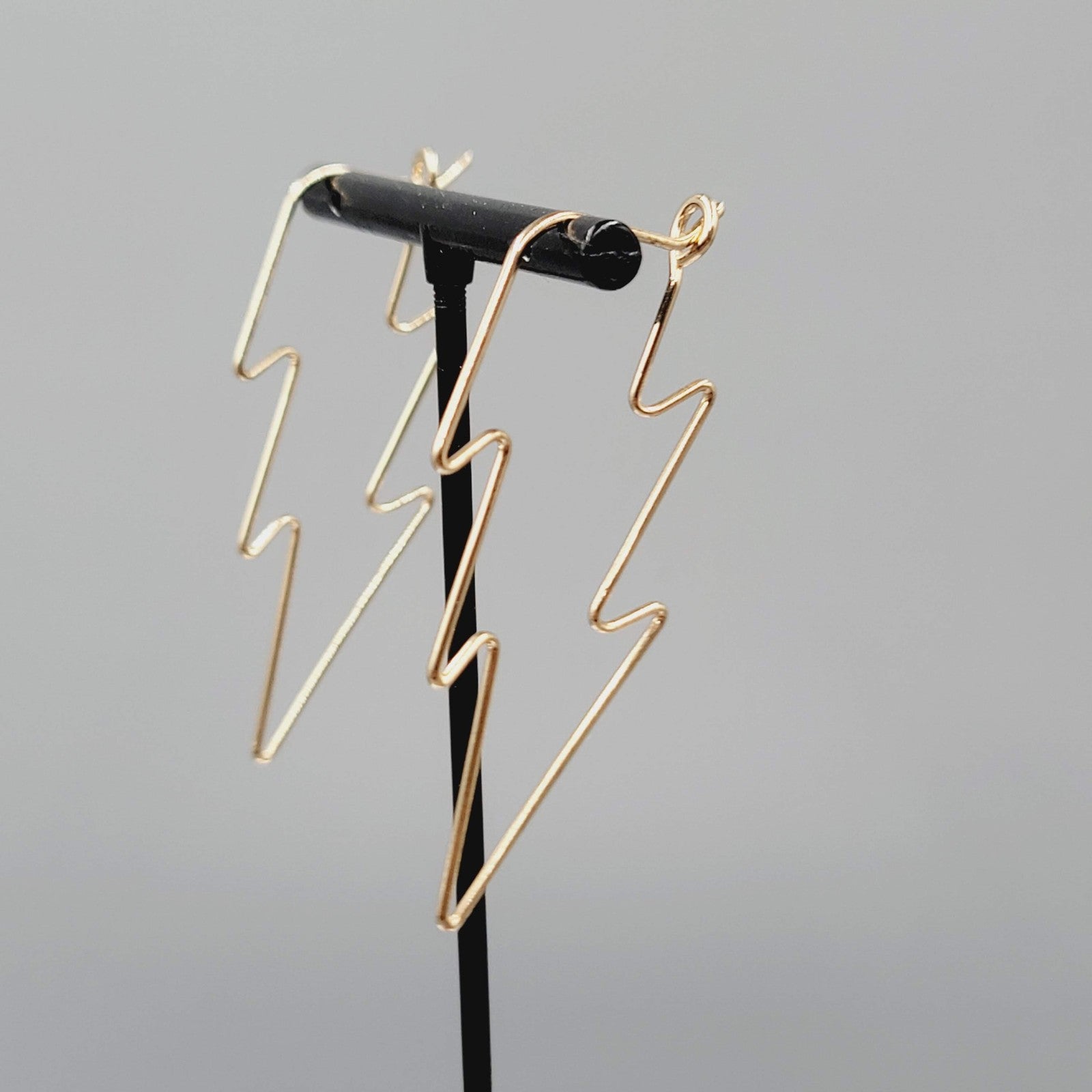 Lightning Bolt Pierced Earrings Wire Gold tone Drop Statement 2"