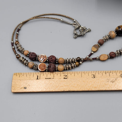 Boho Brown Pottery and Glass Bead Necklace Silver tone 20"