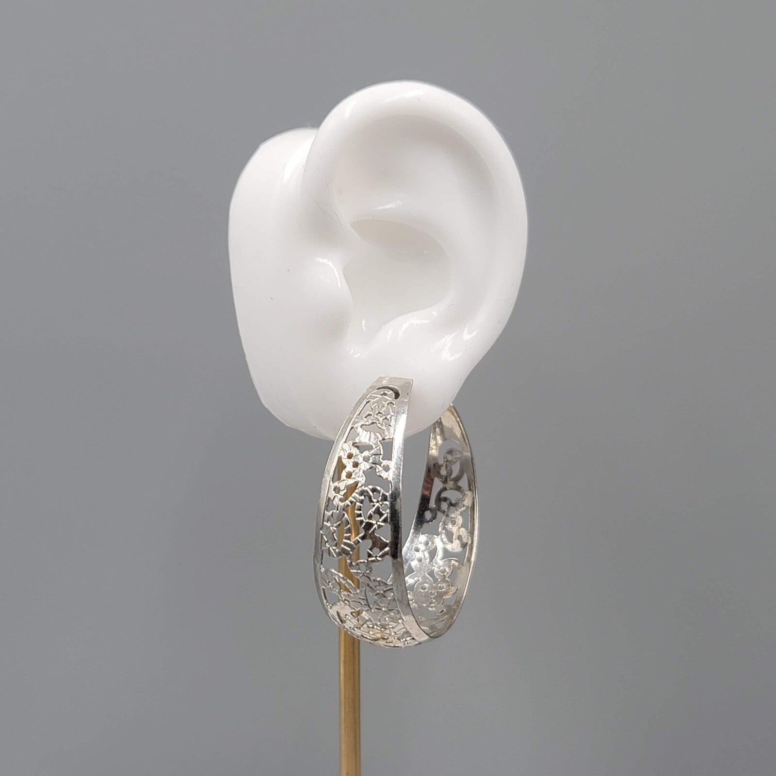Filigree Hoop Pierced Earrings Drop Silver tone 1.75"