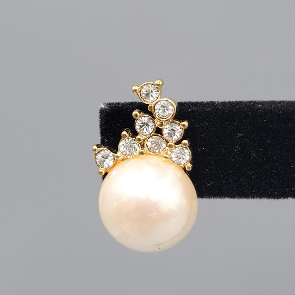 Faux Pearl Crystal Rhinestone Pierced Earrings Gold tone Drop 7/8 in