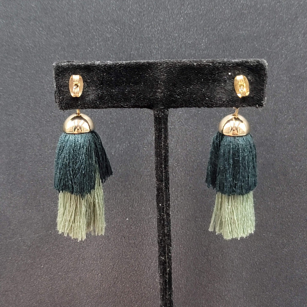 Pierced Earrings Gold tone Green Tassel Faux Druzy Dangle 2.25"