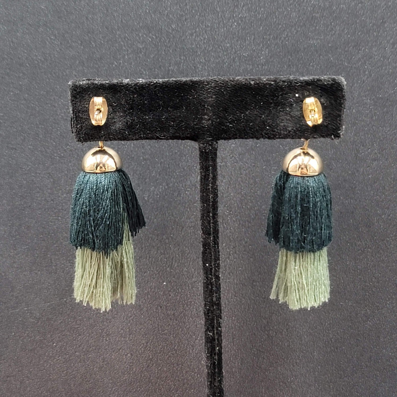 Pierced Earrings Gold tone Green Tassel Faux Druzy Dangle 2.25"