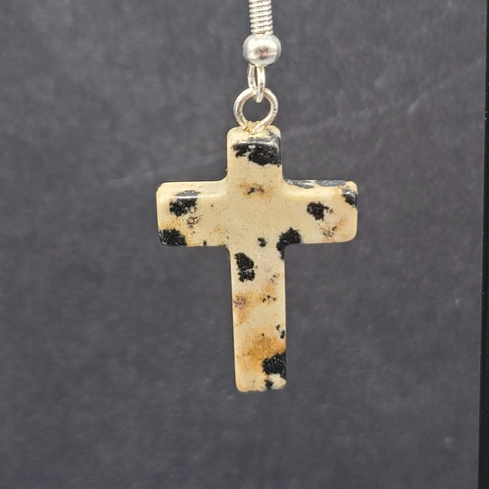 Sterling Silver Cross Pierced Earrings 925 Jasper Stone 1"