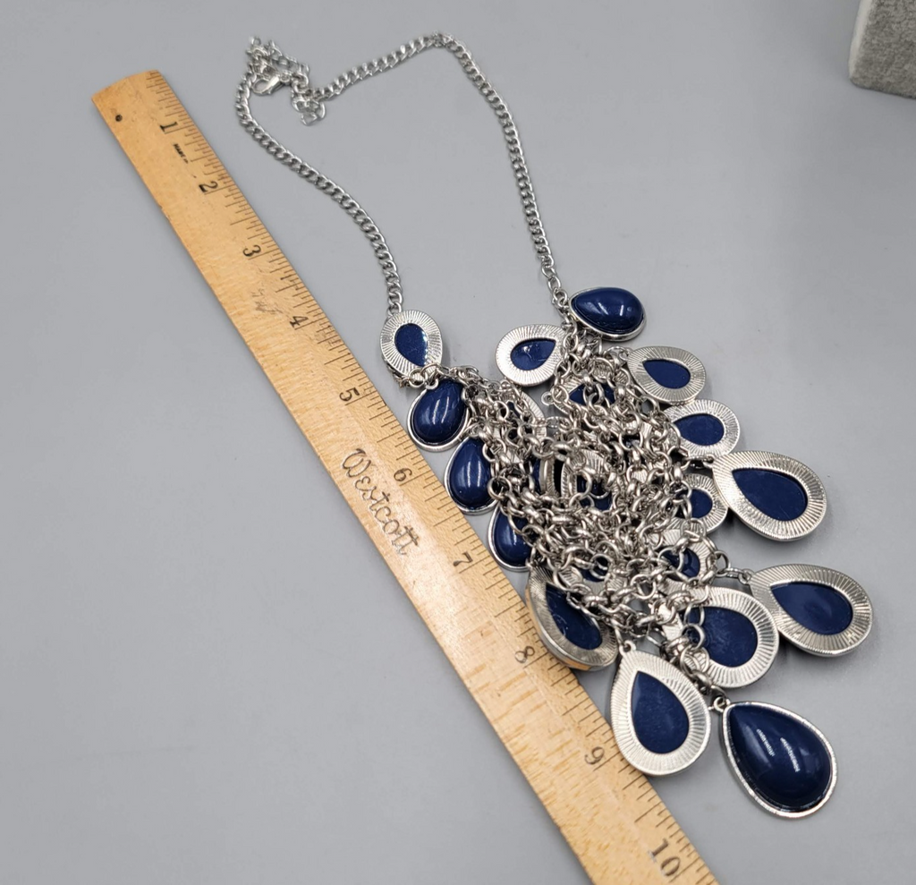 Blue Teardrop Waterfall Necklace Silver tone 16"-18"