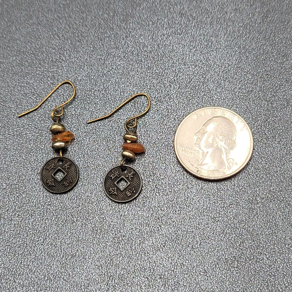 Pierced Earrings Beaded Asian Coin Dangle 1"
